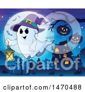 Poster, Art Print Of Halloween Ghost Wearing A Witch Hat And Flying With A Lantern