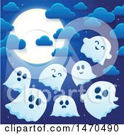 Poster, Art Print Of Group Of Halloween Ghosts Under A Full Moon