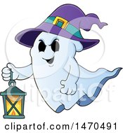 Clipart Of A Halloween Ghost Wearing A Witch Hat And Flying With A Lantern Royalty Free Vector Illustration