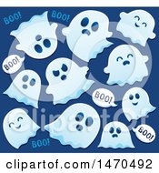 Poster, Art Print Of Group Of Halloween Ghosts Saying Boo On Blue