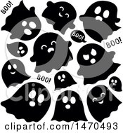 Poster, Art Print Of Group Of Halloween Ghosts In Black And White
