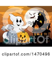 Poster, Art Print Of Halloween Ghost With A Jackolantern In A Graveyard With A Haunted Mansion