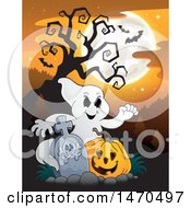 Poster, Art Print Of Halloween Ghost With A Jackolantern In A Graveyard