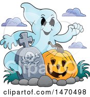 Poster, Art Print Of Ghost With A Halloween Pumpkin In A Graveyard