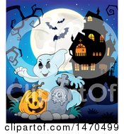Clipart Of A Halloween Ghost With A Jackolantern In A Graveyard With A Haunted Mansion Royalty Free Vector Illustration