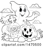 Poster, Art Print Of Ghost With A Halloween Pumpkin In A Graveyard Black And White