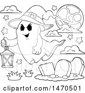 Clipart Of A Ghost With A Lantern In A Graveyard Black And White Royalty Free Vector Illustration