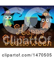 Poster, Art Print Of Happy Halloween Greeting With A Cauldron And Witch Owls