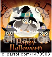 Poster, Art Print Of Happy Halloween Greeting With Witch Owls
