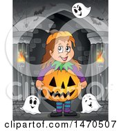 Clipart Of A Girl Wearing A Halloween Jackolantern Pumpkin Costume In A Haunted Hallway Royalty Free Vector Illustration