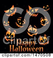Poster, Art Print Of Happy Halloween Greeting With Jackolantern Faces On Black
