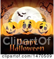 Poster, Art Print Of Happy Halloween Greeting With Jackolanterns And A Full Moon