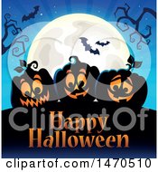 Poster, Art Print Of Happy Halloween Greeting With Jackolanterns And A Full Moon
