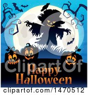 Poster, Art Print Of Halloween Scarecrow And Full Moon Over Jackolanterns And Text
