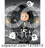 Group Of Halloween Ghosts And Man In A Skeleton Costume In A Haunted Hallway