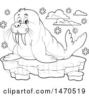 Clipart Of A Walrus On Ice In Black And White Royalty Free Vector Illustration