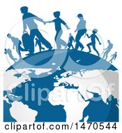Clipart Of A Blue Globe With Silhouetted Immigrants Royalty Free Vector Illustration by Domenico Condello #COLLC1470544-0191