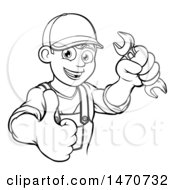 Poster, Art Print Of Lineart Happy Male Mechanic Holding A Spanner Wrench And Giving A Thumb Up