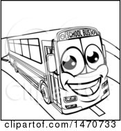 Clipart Of A Lineart Happy School Bus Mascot Royalty Free Vector Illustration by AtStockIllustration