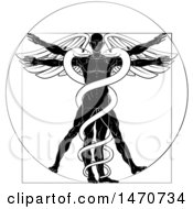 Clipart Of A Black And White Leonard Da Vinci Vitruvian Man With Wings And A Doubl Helix Snake Caduceu Royalty Free Vector Illustration