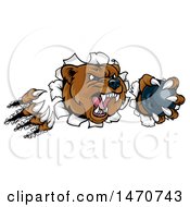Clipart Of A Vicious Aggressive Bear Mascot Slashing Through A Wall With A Bowling Ball In A Paw Royalty Free Vector Illustration