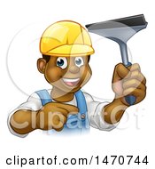 Poster, Art Print Of Happy Black Male Window Cleaner Pointing And Holding A Squeegee