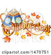 Poster, Art Print Of Oktoberfest Text Design With Leaves And Beer Steins