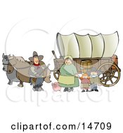 Historical Family Of Pioneers Standing With Their Pig In Front Of Two Horses Pulling A Covered Wagon Along The Oregon Trail