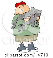 Poster, Art Print Of Chubby Little Caucasian Boy In A Red Hat Green T Shirt Tan Shorts Ad Blue Shoes Holding His Gray Pet Kitty Cat