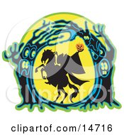 The Headless Horseman Holding His Pumpkin Head Up High As His Horse Rears Up In A Haunted Forest Of Evil Trees Clipart Illustration