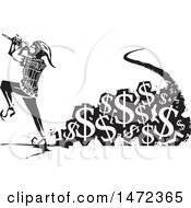 Poster, Art Print Of The Pied Piper Marching And Playing A Pipe With A Trail Of Usd Currency Symbols In Black And White Woodcut