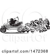 Grim Reaper Driving An Antique Car With A Trail Of Usd Symbols Cost Of Death In Black And White Woodcut Style