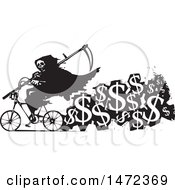 Poster, Art Print Of Grim Reaper Riding A Bicycle With A Trail Of Usd Symbols Cost Of Death In Black And White Woodcut Style