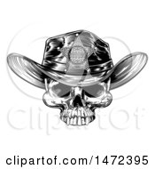 Poster, Art Print Of Cowboy Skull Wearing A Sheriff Hat Black And White Vintage Engraved