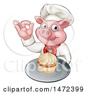 Poster, Art Print Of Chef Pig Holding A Cupcake And Gesturing Okay