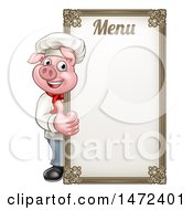 Clipart Of A Chef Pig Giving A Thumb Up Around A Menu Board Royalty Free Vector Illustration