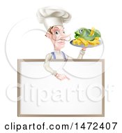 Poster, Art Print Of White Male Chef With A Curling Mustache Holding A Fish And Chips On A Tray And Pointing Down Over A Menu