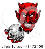 Poster, Art Print Of Grinning Evil Red Devil Holding Out A Soccer Ball In A Clawed Hand
