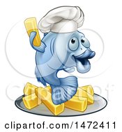 Happy Blue Cod Fish Chef Holding Up A Fry Over Chips