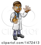 Cartoon Full Length Friendly Black Male Doctor Waving And Giving A Thumb Up