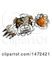 Clipart Of A Tough Bulldog Monster Shredding Through A Wall With A Basketball In One Hand Royalty Free Vector Illustration