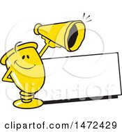 Clipart Of A Gold Trophy Cup Mascot By A Blank Sign Holding A Cheerleading Cone Royalty Free Vector Illustration