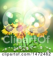 Clipart Of 3d Sunflowers Over Green Royalty Free Illustration