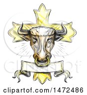 Poster, Art Print Of Tattoo Styled Bull Head On A Cross On A White Background