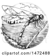 Clipart Of A Tattoo Styled Dragonfly Over A Mountainous Lake Scene On A White Background Royalty Free Illustration
