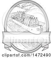 Poster, Art Print Of Flat Bottomed Barge With Gin Bottles Over A Banner In An Oval