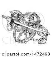 Poster, Art Print Of Tattoo Sketch Of A Tiger With A Katana Sword And Dharma Wheel On A White Background