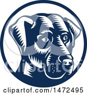 Woodcut Labrador Retriever Dog Face In A Navy Blue And White Circle
