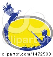 Clipart Of A Retro Male Hunter And Pheasant In A Gray White Yellow And Blue Oval Frame Royalty Free Vector Illustration