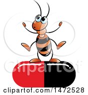 Poster, Art Print Of Cartoon Ant On A Red And Black Pill Capsule